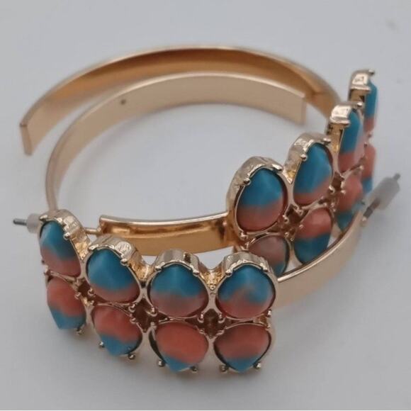 Jewelry - Turquoise and Pink Teardrop Gold Plated Hoop Stud Earrings